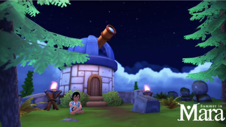 Summer in mara screenshot gameplay en la noche sentada bajo el telescopio
